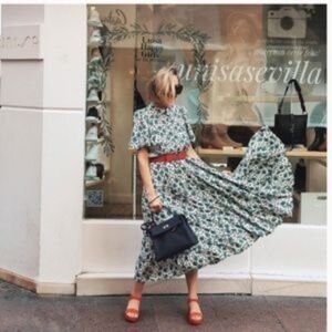 Zara | Cottagecore Green White Floral Tiered Maxi Dress XS